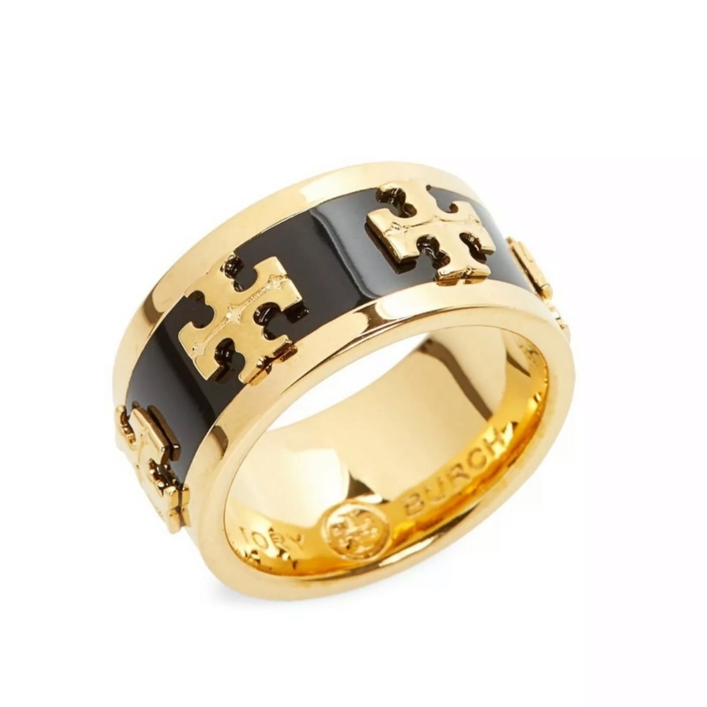 Tory Burch Black Enamel Raised Logo Ring